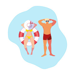 Poster - young couple with swimsuit and float in water