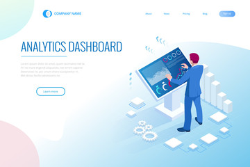 Isometric male in front of the big screen for data analysis. Statistics and business statement, Analytics dashboard, business analysis concept