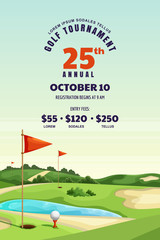 Golf tournament, poster, banner design template. Vector illustration of golf course. Summer landscape background