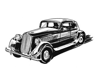 Ink black and white drawing of a vintage luxury car