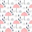 Seamless pattern with clouds, rain and umbrella.Vector design for wrapping paper, textile.