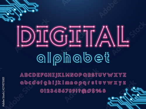 Vector of circuit board neon light alphabet design