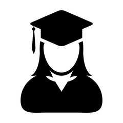 Student icon vector female person profile avatar with mortar board hat symbol for school, college and university graduation degree in flat color glyph pictogram illustration