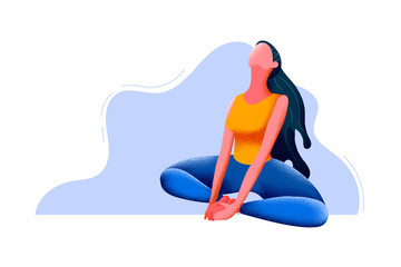 the girl practices yoga, a beautiful flat style pose, bright juicy colors with a grainy texture.