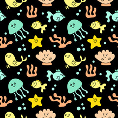 Wall Mural - Cute sea animals, underwater plants, wildlife, ocean, underwater world. Doodle seamless pattern on dark background. Flat drawing style, hand drawn.