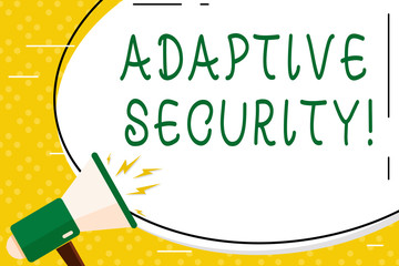 Writing note showing Adaptive Security. Business concept for analyzes behaviors and events to protect against threat Oval Shape Sticker and Megaphone Shouting with Volume Icon