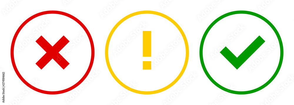 Set of round x mark, exclamation point, check mark icons, buttons on white background. - obrazy, fototapety, plakaty 