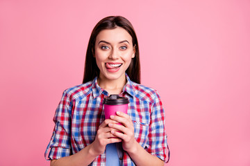 Poster - Portrait of cute attractive youngster people person have beverage mug delighted laughter summer holiday dream dreamy dressed plaid fashionable shirt isolated pink background