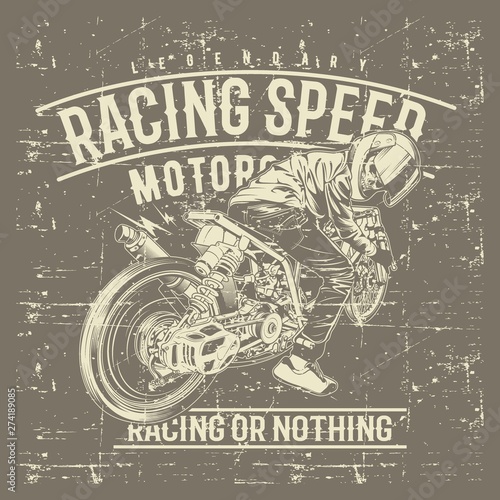 Cuadros en Lienzo vintage grunge style skull wearing helmet and text cafe racer hand drawing vecto