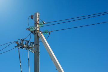 high voltage tower power line for electricity on blue sky with cloudy background