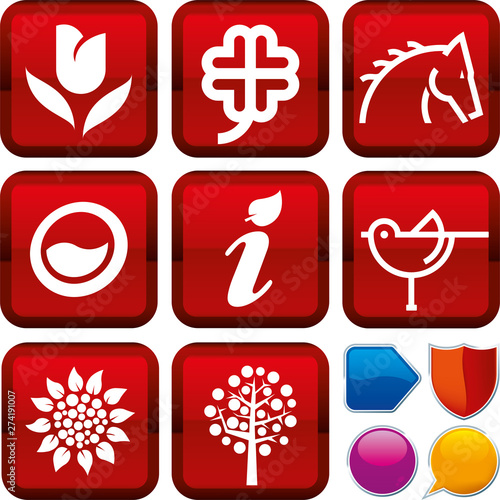 Vector illustration. Set of nature icons on square buttons. Geometric style.