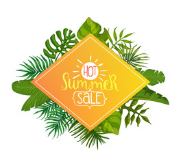 Wall Mural - Hot Summer Sale Banner with Tropical Palm Leaves, Poster, Card, Invitation, Logo, Label Template Bright Vector Illustration