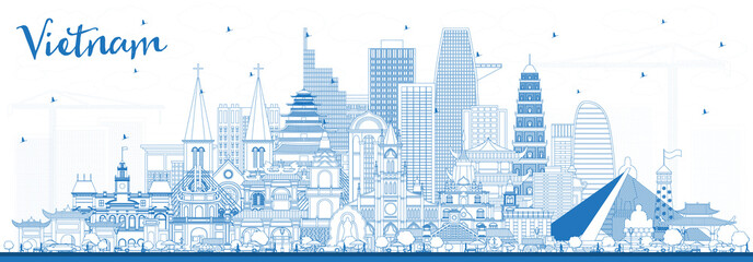 Wall Mural - Outline Vietnam City Skyline with Blue Buildings.