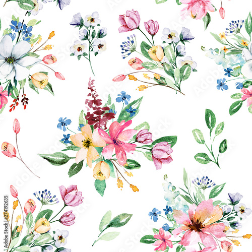 Seamless background, floral pattern with watercolor flowers. Repeating fabric...