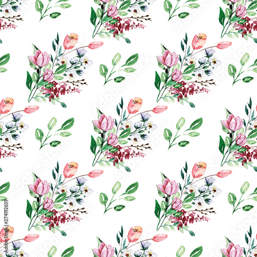 Seamless background, floral pattern with watercolor flowers. Repeating fabric...