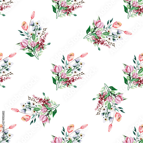 Seamless background, floral pattern with watercolor flowers. Repeating fabric...