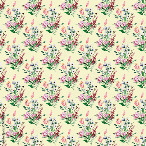 Seamless background, floral pattern with watercolor flowers. Repeating fabric...