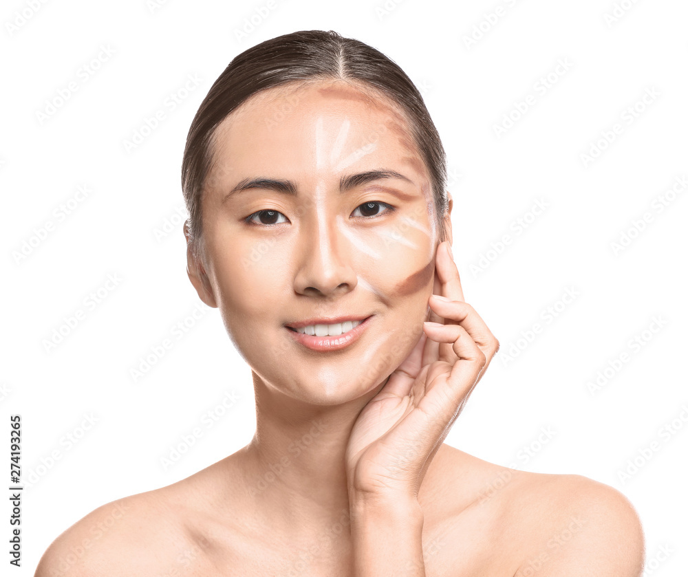 Asian woman with contouring makeup on white background