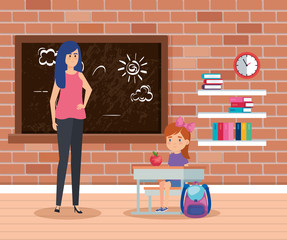 Poster - female teacher with student girl in the school scene