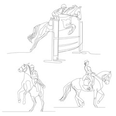 Wall Mural - Continuous one line horseman set. Equestrianism sport, Summer Olympic Games. Vector