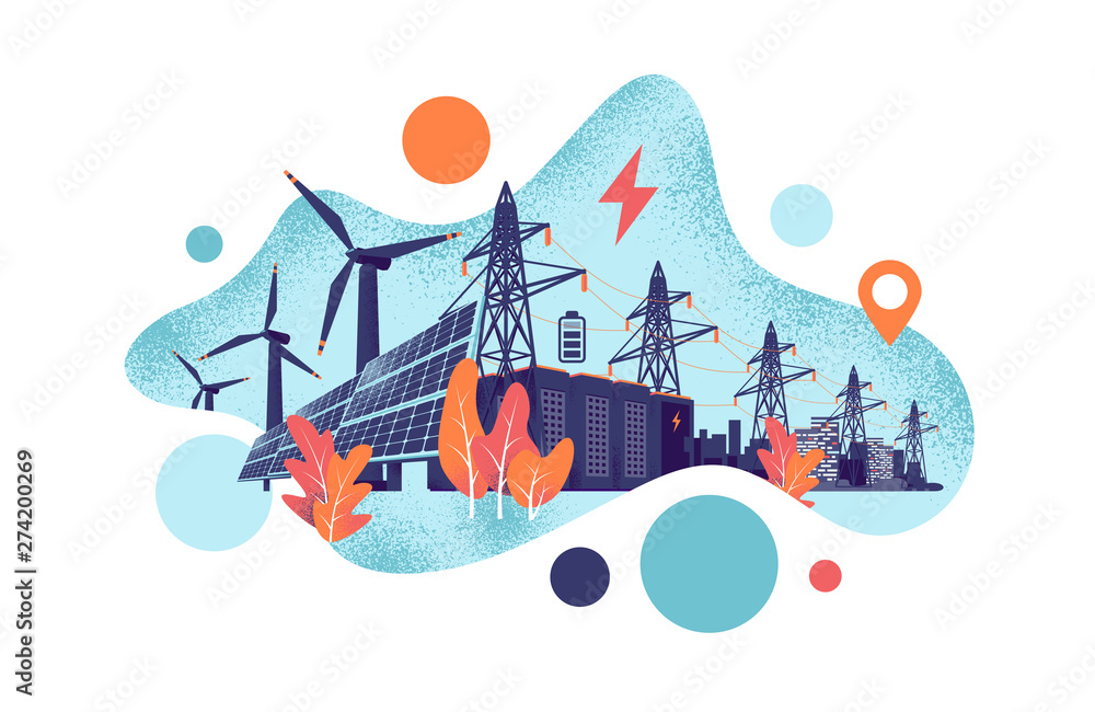 Renewable energy smart power grid system concept. Modern grain style vector illustration solar panels, wind turbines, battery storage, high voltage electricity power transmission grid and clean city. - obrazy, fototapety, plakaty 