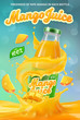 Vertical banner with 3D realistic advertising of mango juice, a bottle with mango juice among the splashes and a logo