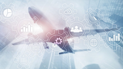 Wall Mural - business process abstract diagram with gears and icons. workflow and automation technology concept.