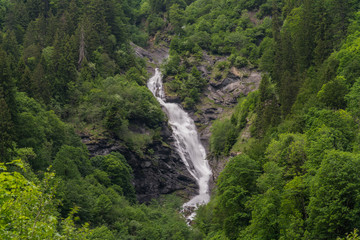 Fotomurales - landscape view of a high picturesque waterfall in lush green forest landscape