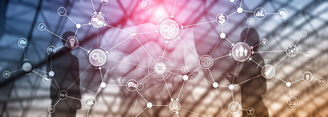 Wall Mural - business process structure industrial workflow diagram automation innovation concept on virtual scre