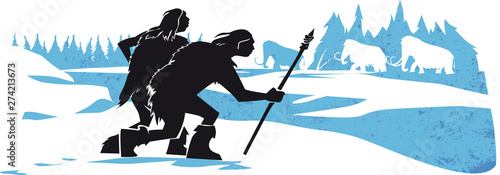 prehistoric men hunting mammoth, neanderthal, caveman, paleolithic Poster Mural XXL