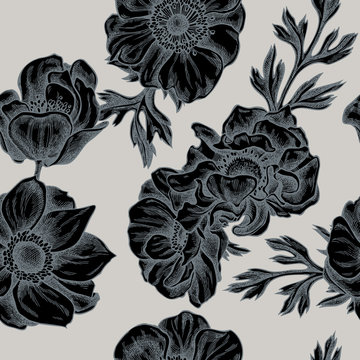 Seamless pattern with hand drawn stylized anemone