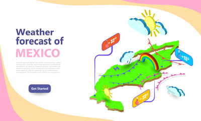 Wall Mural - weather forecast map of mexico. isometric set icons location on country. vector widgets layout of a 