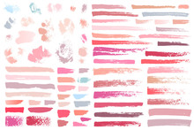 Swatches Makeup Strokes. Set Beauty Cosmetic Nude Brush Stains Smear Make Up Lines Collection Lipstick Swatches Texture Isolated On White Paint Line Texture. Hand Drawn Vector Illustration.