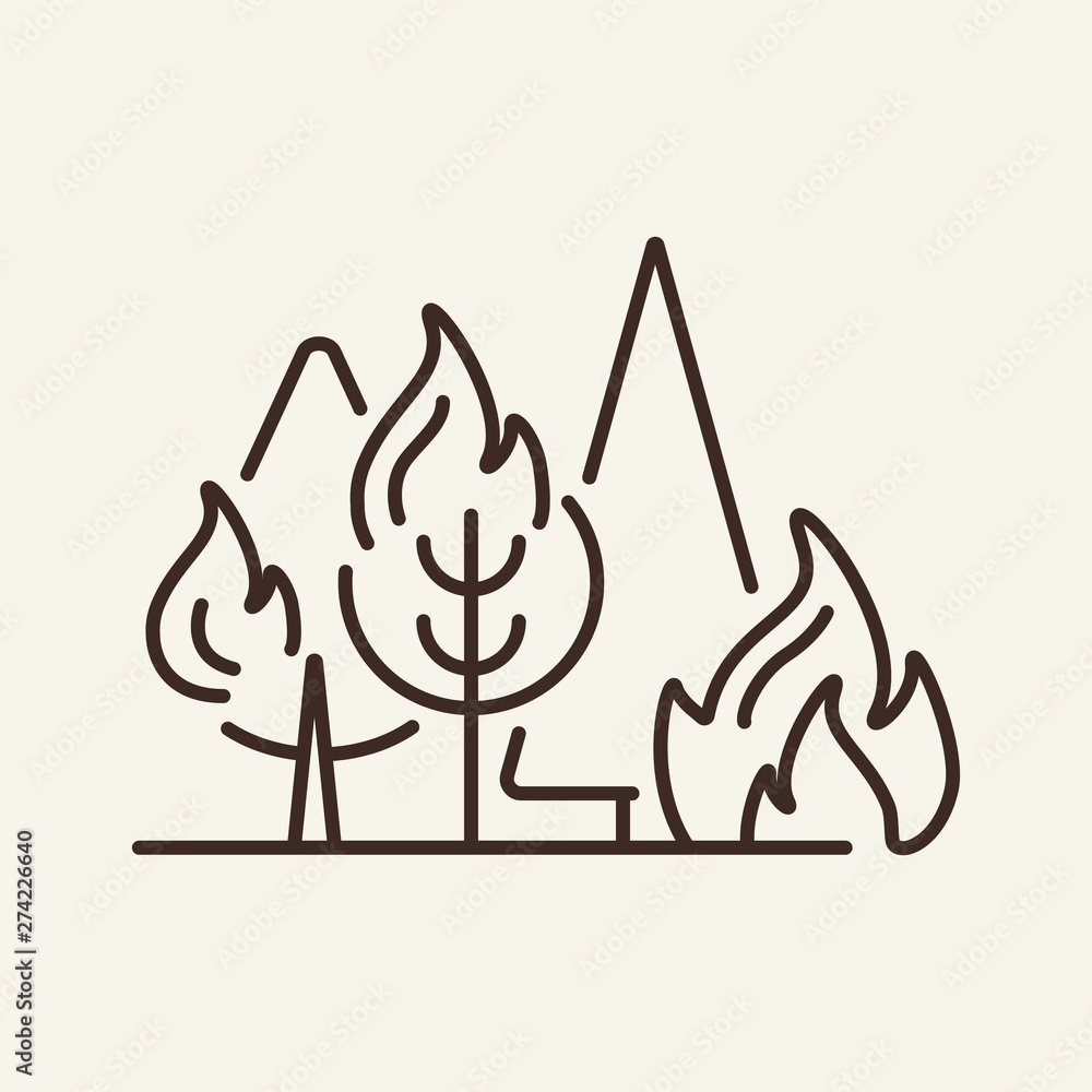 Forest fire line icon. Trees, flames, natural disaster. Global disaster ...