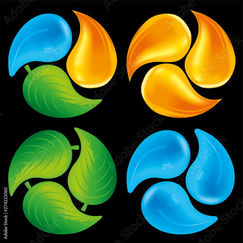 Elemental circles. Water drop, fire flame and leaf.