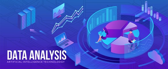 Data analysis center, business people analyze diagram, kpi analytics, digital technology in finance, artificial intelligence concept, big research isometric horizontal banner, 3d background