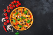 © Alesia Berlezova - pizza, mushrooms, olives, chicken, tomato sauce, cheese (pizza ingredients). hot pizza. Top view. copy space