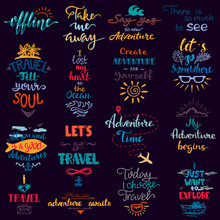 Traveling Lettering Vector Adventure Sign And Journey Typographic Print Illustration Set Of Voyage Tour Trip Inspirations To Travel Isolated On White Background