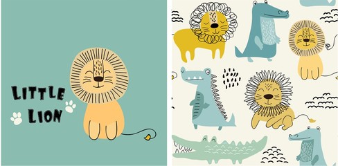 set of cute lion print and seamless pattern with lions. vector