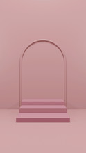 Pink Arc With Stairs In Empty Pink Room, Realistic 3d Illustration. Winners Podium Front View, Conceptual Interior Design With Empty Space For Merchandising.