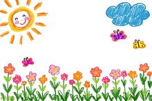 Children Painting Flowers, Sun, Clouds, Butterflies