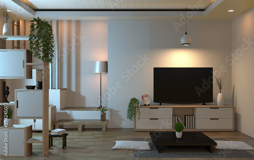 Interior Living Room Zen Style With Smart Tv And Decoration
