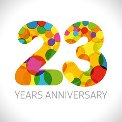 Wall Mural - 23 th anniversary numbers. 23 years old multicolored logotype. Age congrats, congratulation art idea. Isolated abstract graphic design template. Coloured digits up to -23% percent off discount.