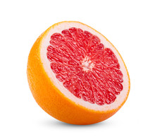 Ripe Half Of Pink Grapefruit Citrus Fruit Isolated On White Background. Full Depth Of Field