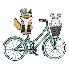 Wall Mural - cute fox and rabbit with feathers hat in bicycle bohemian style