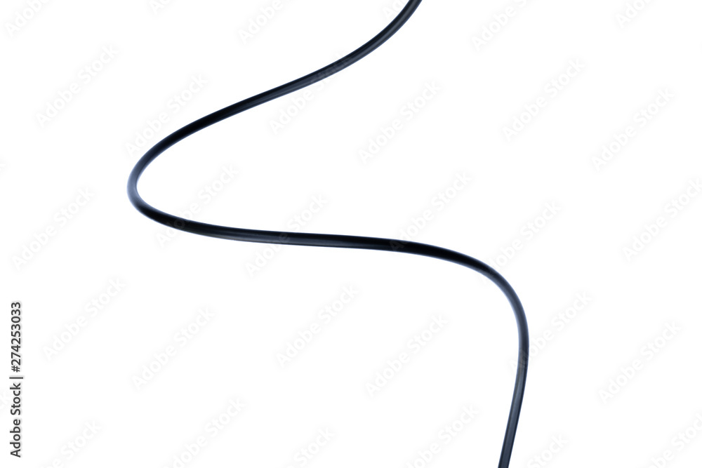 A Black wire cable isolated on a white background abstraction. - obrazy, fototapety, plakaty 