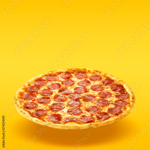 Creative Layout Of Hot Delicious Pizza In Flying On Summer Orange Background Pizza Pepperoni Design Mockup Flyer Or Poster For Promotions And Discounts With Copy Space Fast Food Concept Buy This