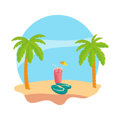 Sticker - summer beach with palms and juice fruit cocktail scene