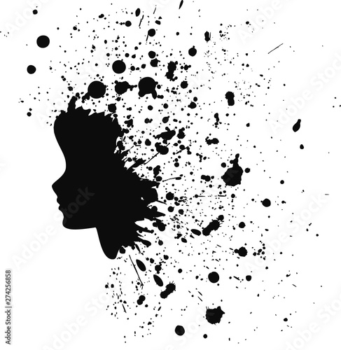 Woman head profile as a ink splash in black.