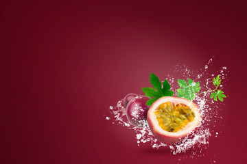 Wall Mural - Water splashing on Fresh Passionfruit on red background.